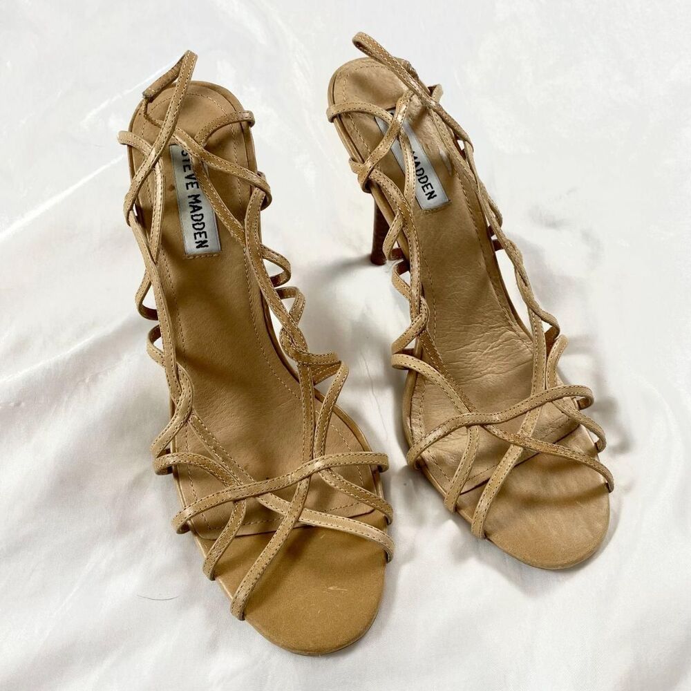 Steve Madden Tan Brown Leather Lace Up Strappy High Heel Sandals Danzel US 9
